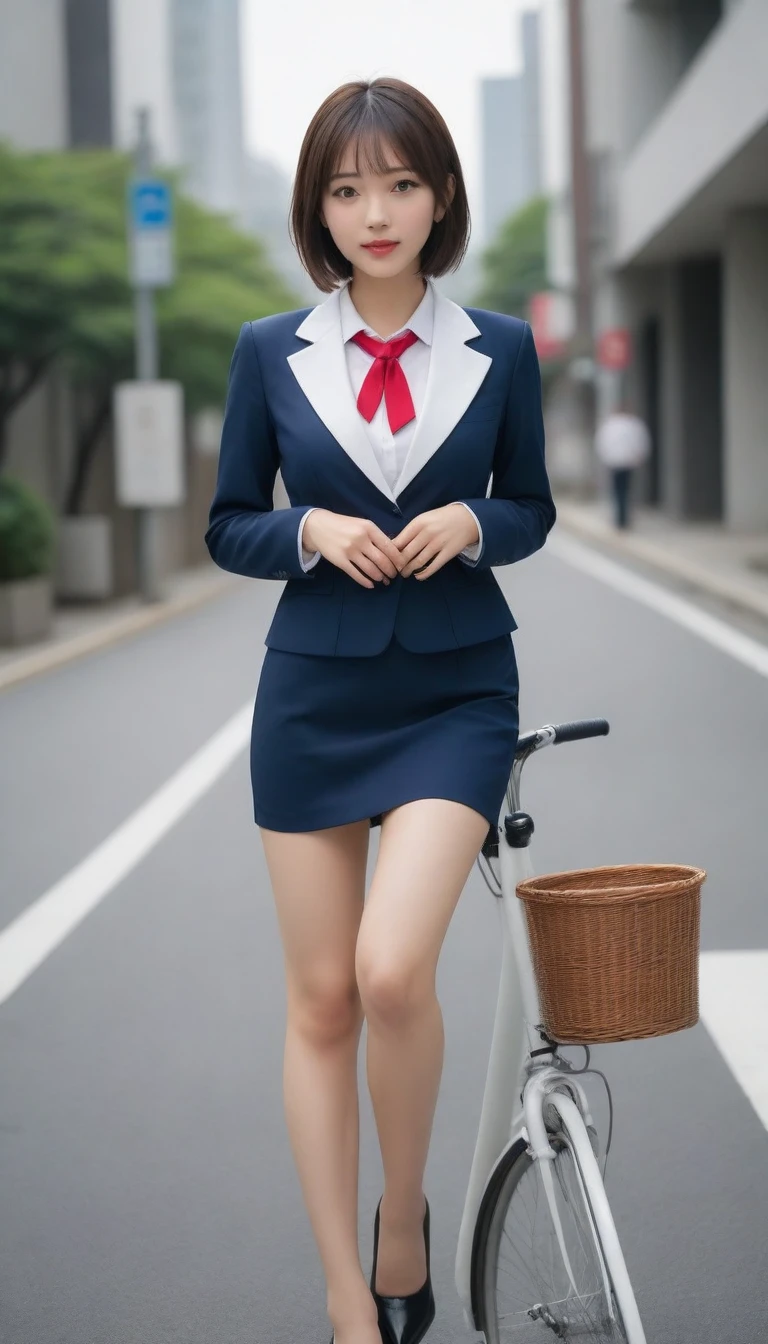 8k, photo realistic, Scores 9, 8, 7, 6, medium closeup, detailed, very sharp, vivid, solo, biking through Tokyo street, high heel, long legs, beautiful eyes, beautiful thighs, office suits, micro mini skirt, cycle basket, (((riding bicycle:1.5))), bicycle, short hair, exact front view, super low angle:1.5, going fast,  depth of field, beautiful big breasts, slender,  the most beautiful woman, double eyelid, beautiful japanese woman, 25 yo, strong wind, slim beautiful legs, sexy pantie stocking, foot on pedal, hip on saddle, up_skirt, lift up one leg