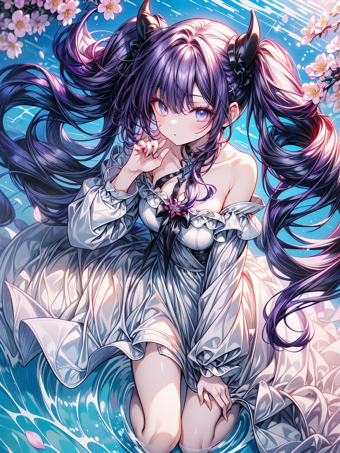 (masterpiece:1.2),Highest quality,High resolution,Highly detailed CG,perfect Lighting,8k wallpaper,figure,sunLight,Ray Tracing,
rock,cherry blossoms,cherry blossoms,Hair Bun,Exposing shoulders,Off the shoulder,(Floral Dress:1.2),
Stingy_(Genshin Impact_Impact),(Twin tails:1.3),
One girl,White skin,Glowing Skin,model,thin,Glamour,(Purple Hair:1.4),Very long hair,blue eyes, expensive,Floating Hair,whole body,hand,
,Close-up view,Lie in on the water surface,HRQN,Tui,aerial photograph,Light_blush,(Lie in:1.2),鳥瞰figure,