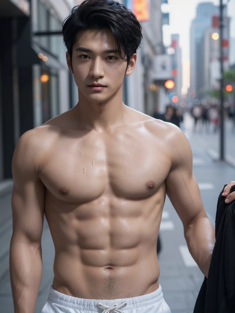 ((High quality)), ((masterpiece)), ((highly detailed)), perfect face, realistic, ((man)), ((Asian)), black hair, comma hair style, ((shirtless)), street, ((handsome)), detailed eyes, beautiful detailed nose, realistic body, realistic light, comfortable exprssions, cute guy, sweat guy, cool guy, clothes, whole body shot