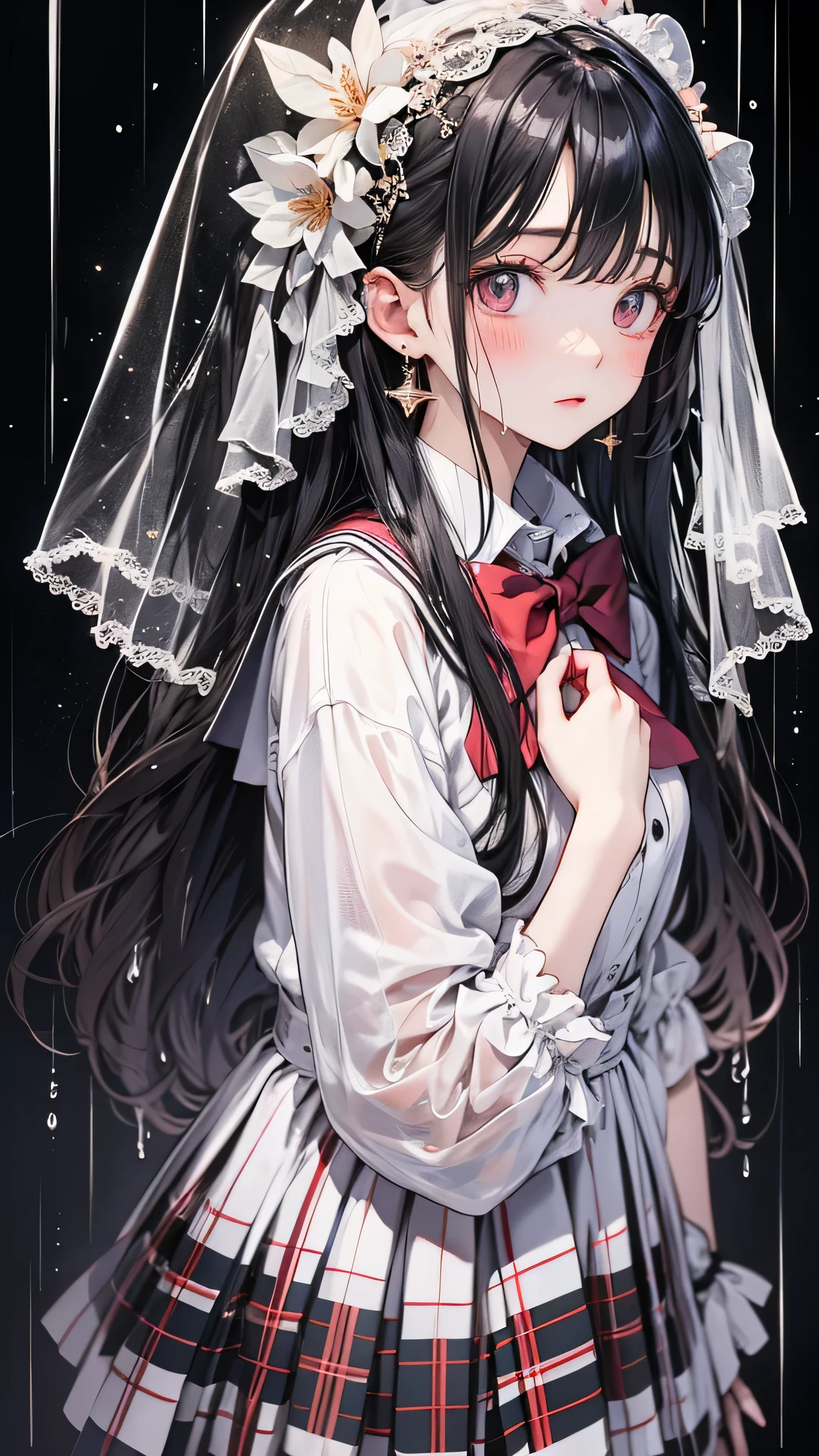 One girl, Long black hair,Schoolgirl uniform, shy, blush, Wet, rain, transparent, (masterpiece, Highest quality), Soft Light, Structure of the film, Cinematic Light