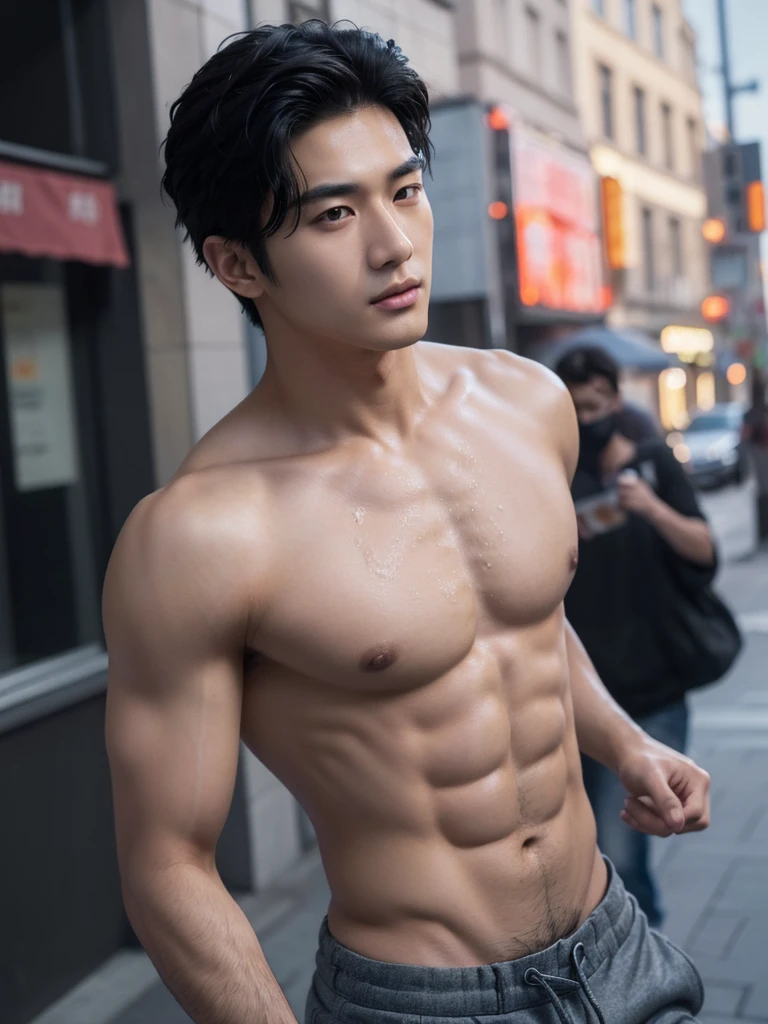 ((High quality)), ((masterpiece)), ((highly detailed)), perfect face, realistic, ((man)), ((Asian)), black hair, comma hair style, ((shirtless)), street, ((handsome)), detailed eyes, beautiful detailed nose, realistic body, realistic light, comfortable exprssions, cute guy, sweat guy, cool guy, clothes, whole body shot