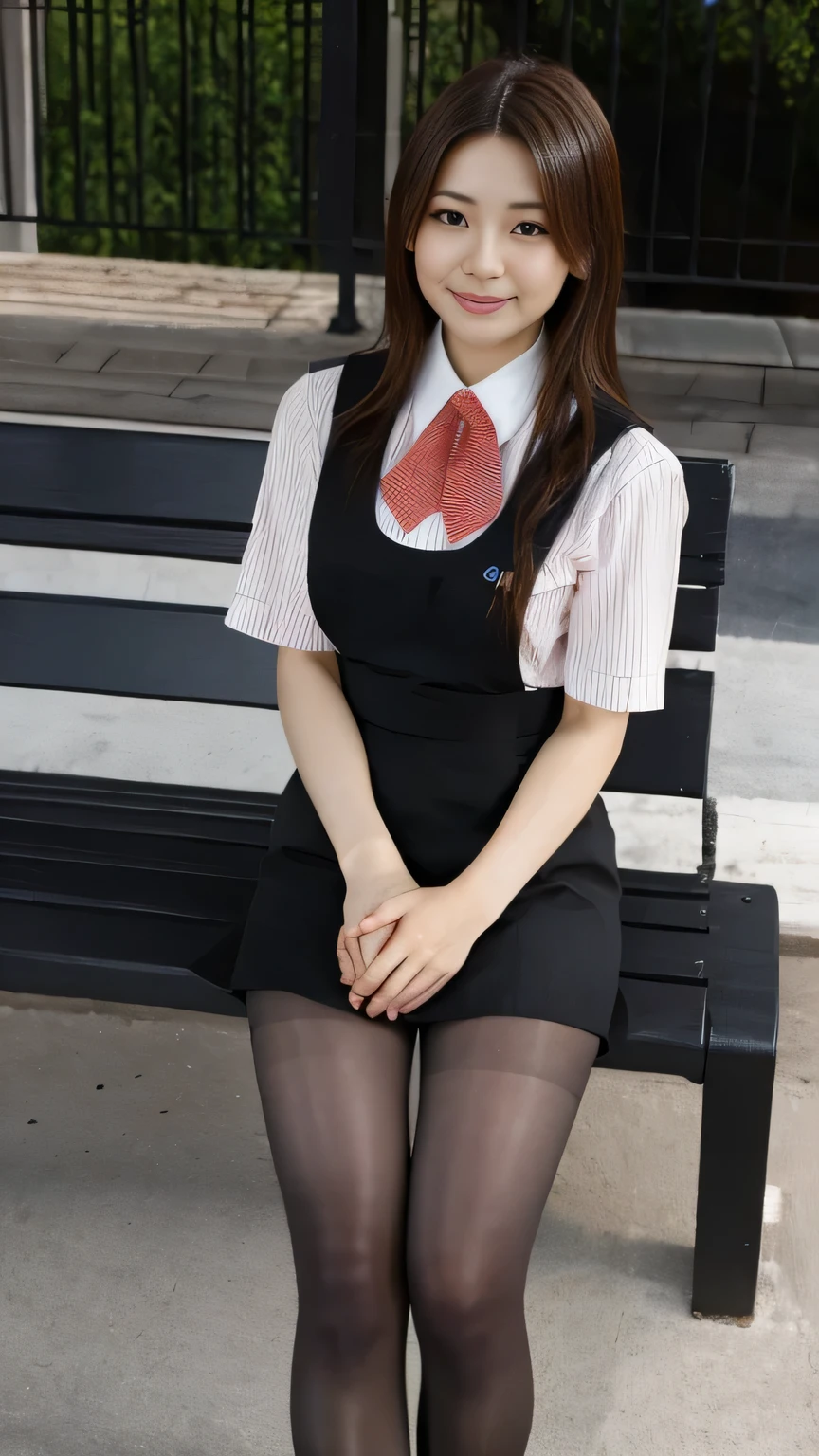Highest quality、8k、masterpiece、Ultra-high resolution、Clear photos、Professional Lighting、Natural light、Realistic,、Highly detailed skin、Perfect Anatomy、(Beautiful Hands)、(Beautiful fingers)、One Woman、Age 25、Baby Face:1.8、Large Breasts、(Large areola)、Glamour、Bob Hair、Brown Hair、Beautiful Hair、smile、((((Star Uniform:1.1))))、((Black vest))、(Short sleeve shirt)、((Black tight mini skirt))、((Perfect Pantyhose:1.2))、((Black Pantyhose:1.1))、at the park、Sit on a bench、(((Sit with your legs wide apart)))、(((Skirt Lift:1.1)))