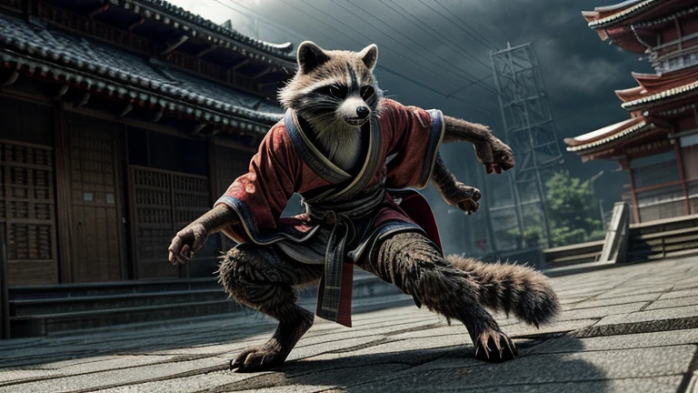 mcu, rocket raccoon, raccoon, male, skinny, buldge, detailed fur, red kimono, japan, Long, exquisite katana, gloomy light, Pensive expression, action pose, full body, film photography, realistic, masterpiece, best quality, ultra realistic, 8k