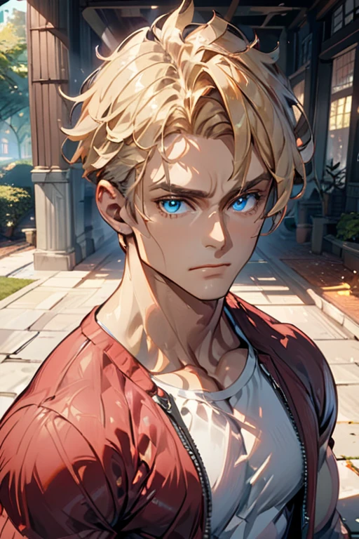 college man; athletic; muscular; male; blue-eyes; blonde-hair; angular face; handsome; strong jawline; high cheekbones; casual attire; expressively overconfident; best quality; soft blur background; trending on artstation; complex volumetric lighting; strong shadows; artistic lighting; dynamic; energetic vibe; realistic skin; specular highlights; micro-textures; highly detailed hair; in a college park