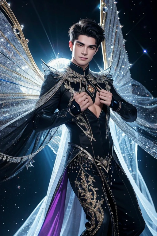  full body photorealistic ultra realism high definition aesthetic stabilized diffusion picture of handsome hunky fractal clean shaven fairy Prince of Dark shine ,,in black onyx quartz transparent sparkling shiny crystal glass chrome filigree outfit,, with big massive sparkling luminous silk wings,,look at camera, detailed facial parts,, studio as background, Freestyle Pose, Happy Expression, perfect anatomy, symmetric body,, 18 years old, high detail, a lean athletic body, realistic, human skin, extremely detailed fingers,  chad chin,, masculine, human skin, (eyes contact), gorgeous, Attractiveness