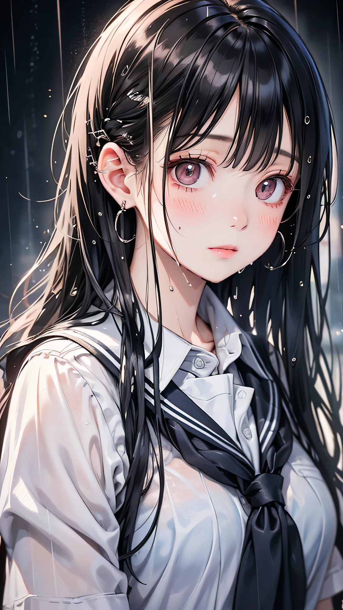 One girl, Long black hair,Schoolgirl uniform, shy, blush, Wet, rain, transparent, (masterpiece, Highest quality), (Beautifully detailed face), (Beautiful attention to detail), Soft Light, Structure of the film, Cinematic Light