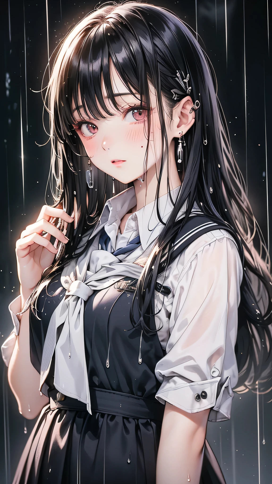 One girl, Long black hair,Schoolgirl uniform, shy, blush, Wet, rain, transparent, (masterpiece, Highest quality), (Beautifully detailed face), (Beautiful attention to detail), Soft Light, Structure of the film, Cinematic Light
