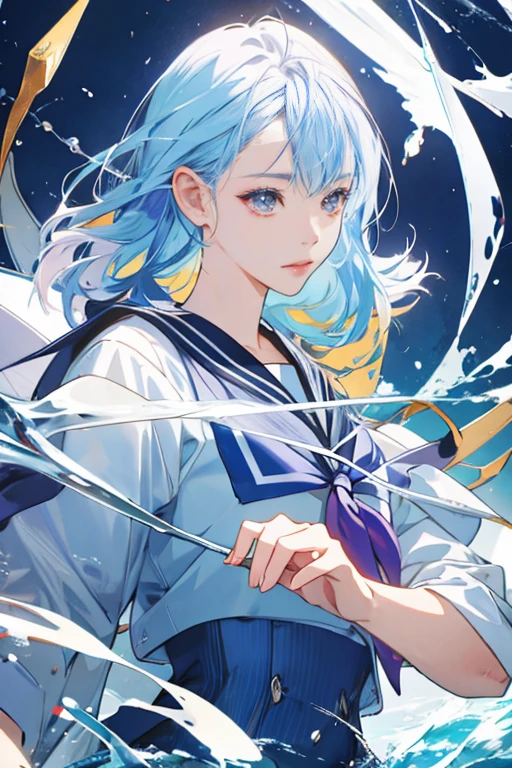a beautiful girl with blue hair wearing small glasses, standing in the sea with water splashing around her, her hair has a gradient effect with purple eyes, wearing a sailor uniform with her hands clasped behind her back, vibrant and transparent background, (best quality,4k,8k,highres,masterpiece:1.2),ultra-detailed,(realistic,photorealistic,photo-realistic:1.37),digital illustration,highly detailed,intricate details,dramatic lighting,vivid colors,cinematic composition