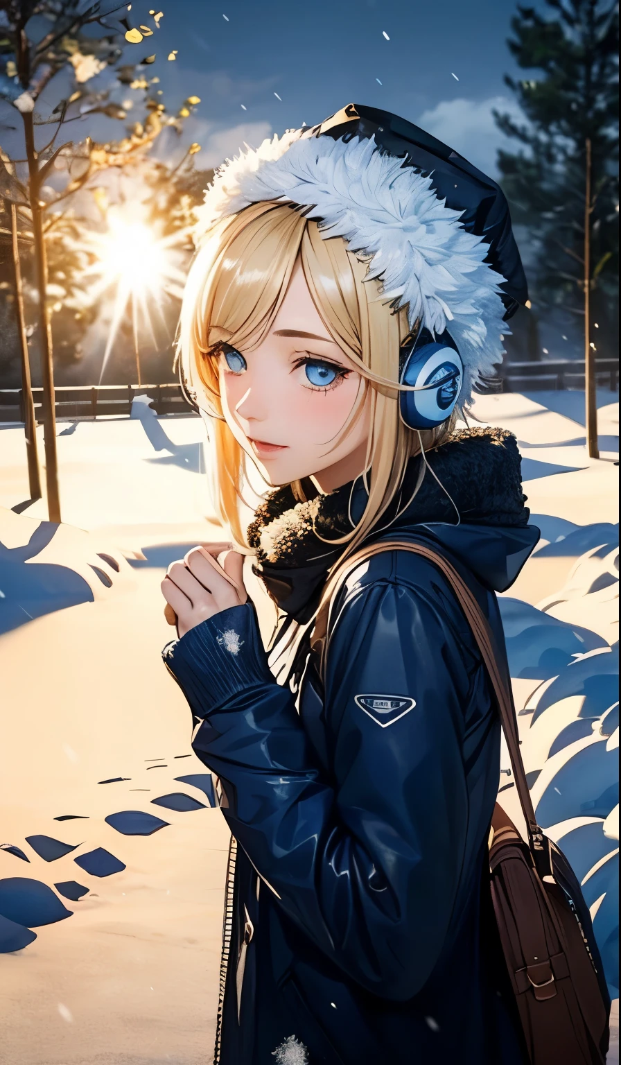 (masterpiece),(Highest quality:1.2),One Girl,(Masseter muscle area:1.3),Exquisite detail, Highest qualityの8K解像度, Very detailed, Realistic, Bright colors彩, Soft tones, Warm and gentle lighting, (Snowy Night:1.5),(Snow Town:1.4),Wide skirt,Simple style,dynamic, Cute Hats、cute earmuffs、Cute Coat,starry sky and shooting stars,Bright colors,(Smooth and straight blonde hair:1.2),(Hair parted in the middle:1.3),(Shiny Hair),(Dark blue eyes:1.3),White skin, Barrette,Small Necklace,Filled with gentle feelings,The sun shines with joy and pure love, Warm glow,Happiness and laughter,Bright colors彩,感dynamicなスタイル,Depth of Love,Color Palette,Dreamy atmosphere,masterpieceアートワーク