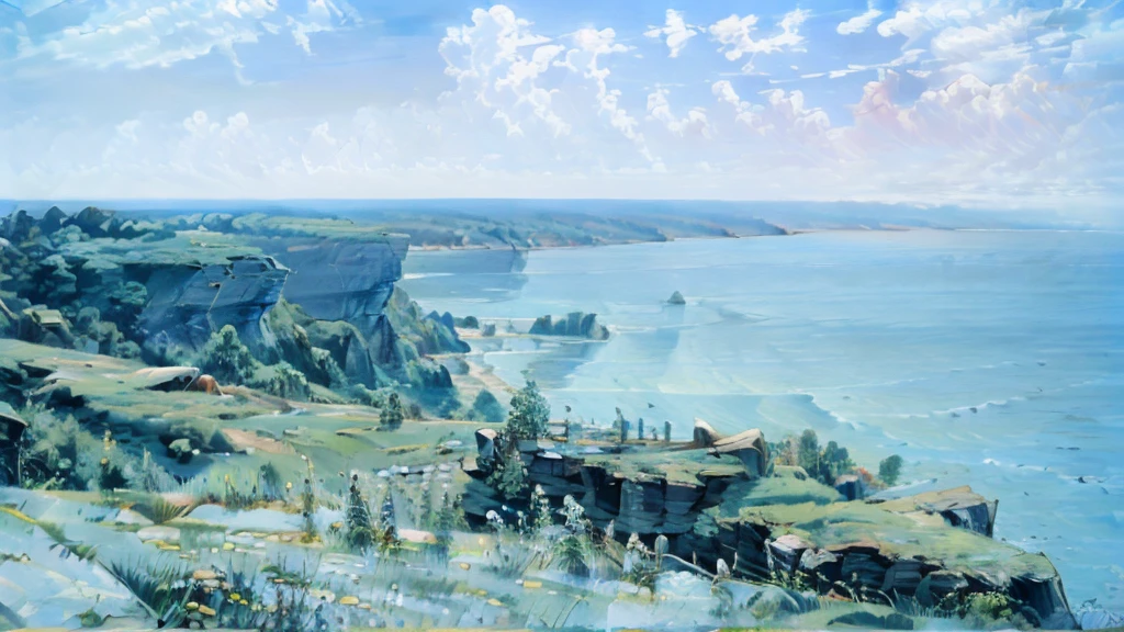 No people、Background only、Flat Line、anime、anime調、デジタルanimeアート、photograph、Back Blur、high quality、High resolution、Very detailed,summer,Ocean、Embankment, Clear blue sky、angle、Aori、look up