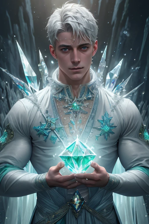 Two handsome young males, one elf, ,one human,ice sculpture ,erotic, 8 pack, ice sculpture, ice,