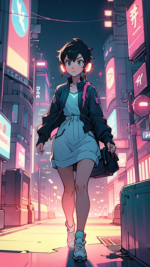 A girl is walking through the city at night, listening to music with headphones, skyscraper, neon Makoto Shinkai style
