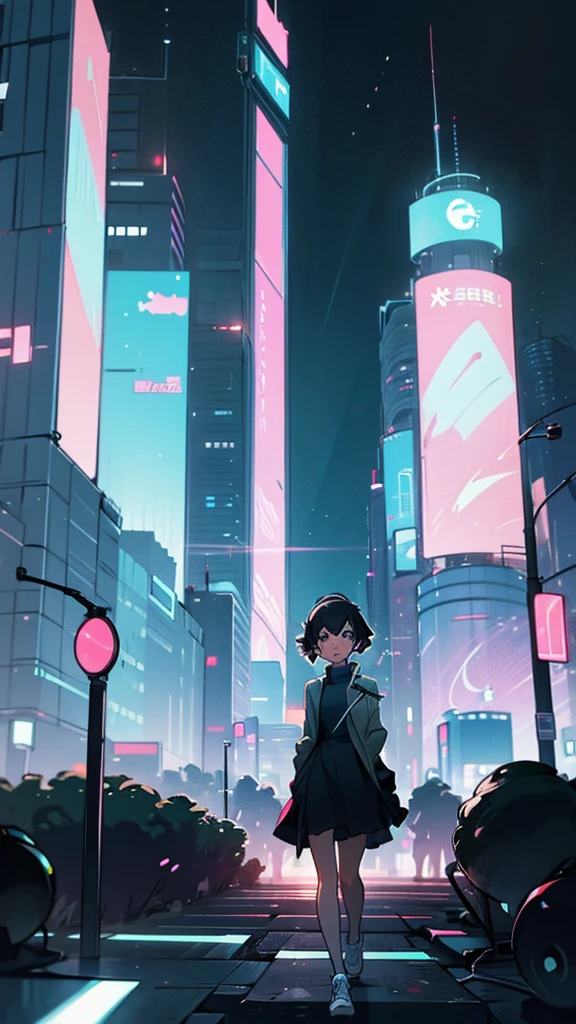 A girl is walking through the city at night, listening to music with headphones, skyscraper, neon　Makoto Shinkai style