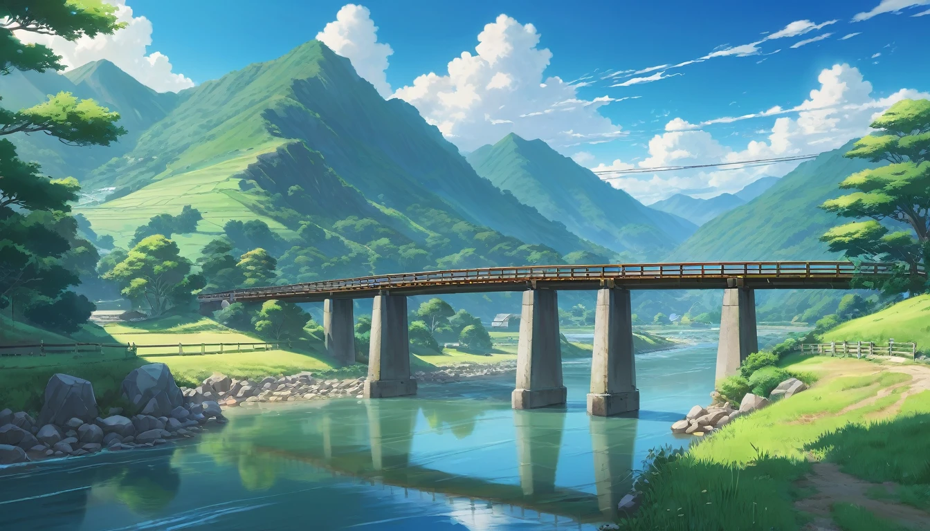 There is a painting of a bridge over a river with mountains in the background., Detailed Landscape — Width 672, Anime countryside landscape, Anime scenery wallpaper, Beautiful anime scenery, Anime scenery, Landscape painting, Detailed painting 4k, Beautiful peaceful scene in anime, Anime sceneryコンセプトアート, Landscape painting 詳細, Makoto Shinkai's Style, Ross Tran. Landscape Background