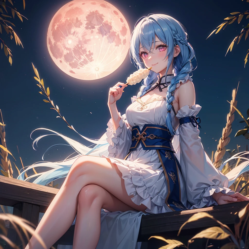 Sky blue hair, (Braided medium hair), (Pink eyes),Fair skin) ,(whole body),(One Girl),(harvest moon),(A large amount of Miscanthus sinensis in the background),(full moon),(masterpiece, Highest quality, Very detailed, Best Shadow), (Detailed Background), (Beautifully detailed face), High Contrast, (Best lighting, Very delicate and beautiful), ((Cinematic Light)), Hyper Detail,8k, Dramatic Light, Intricate details,Sitting and eating rice dumplings with a smile
