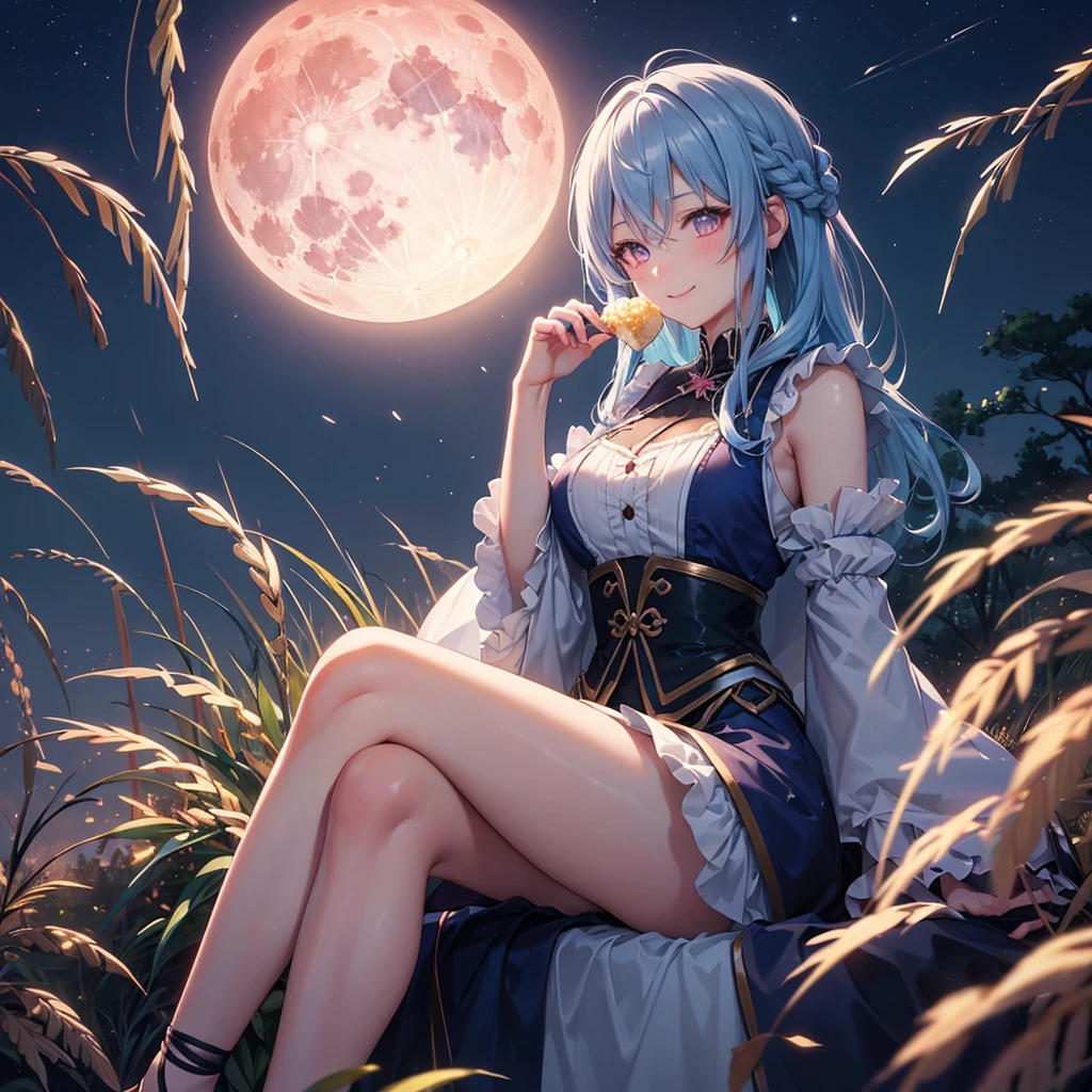 Sky blue hair, (Braided medium hair), (Pink eyes),Fair skin)  ,(whole body),(One Girl),(harvest moon),(A large amount of Miscanthus sinensis in the background),(full moon),(masterpiece, Highest quality, Very detailed, Best Shadow), (Detailed Background), (Beautifully detailed face), High Contrast, (Best lighting, Very delicate and beautiful), ((Cinematic Light)), Hyper Detail,8k, Dramatic Light, Intricate details,Sitting and eating rice dumplings with a smile