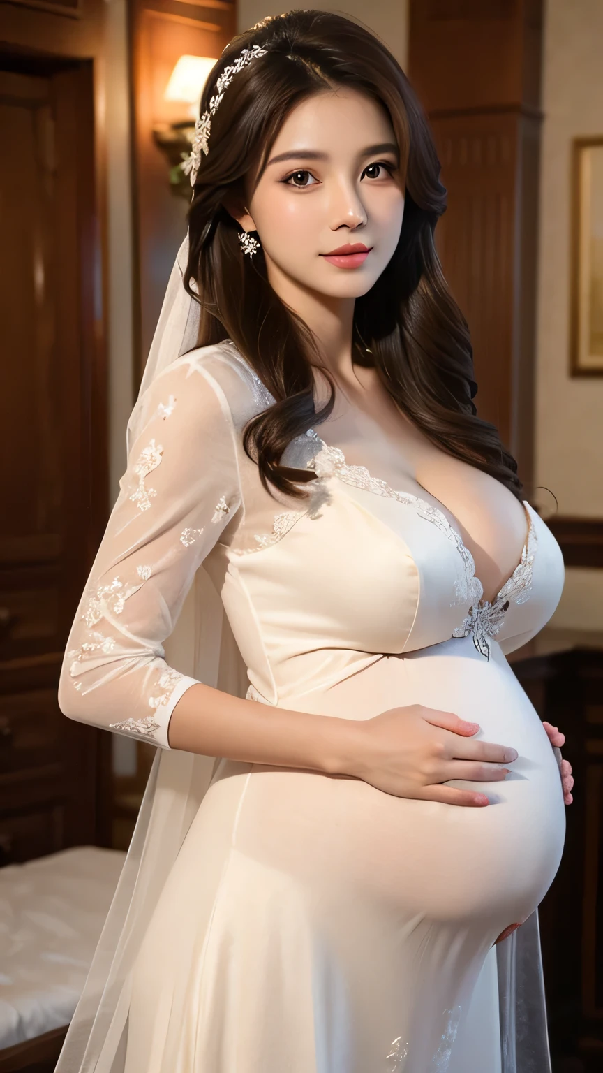 1girl,huge breast, pregnant 40 weeks, brown hair, brown eyes,high quality, ultra detailed, masterpiece, realistic, wedding clothes ,standing 