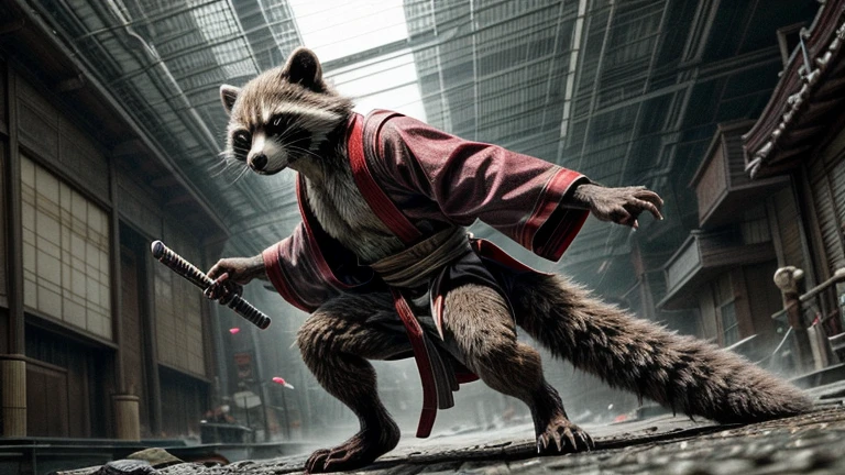 mcu, rocket raccoon, raccoon, male, skinny, buldge, detailed fur, red kimono, japan, Long, exquisite katana, gloomy light, Pensive expression, action pose, full body, film photography, realistic, masterpiece, best quality, ultra realistic, 8k