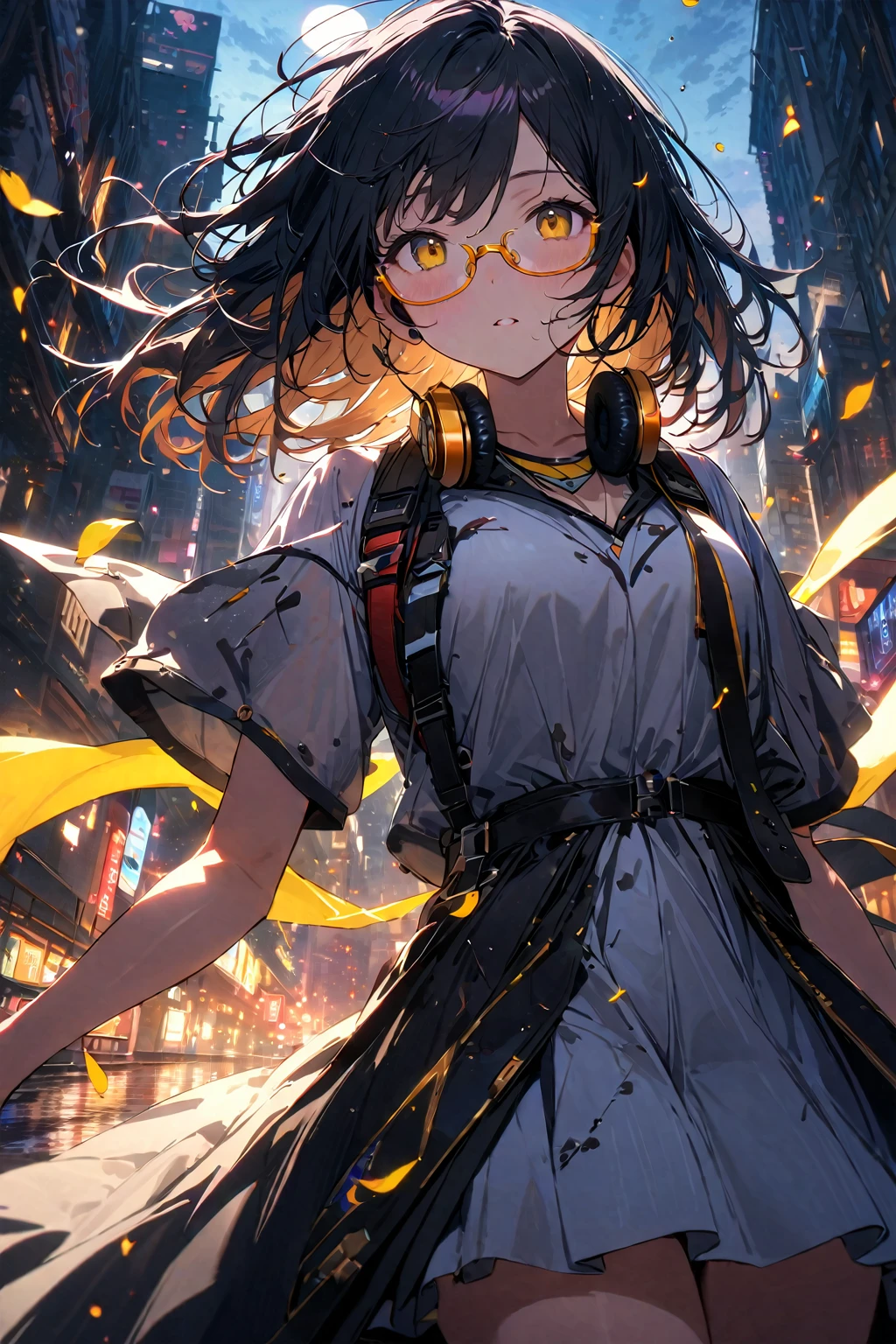 up-and-coming works of art, best quality, super fine, 16k, incredibly absurdres, extremely detailed, beautiful ephemeral girl stands in the city,(((semi-rimless yellow eyewear:1.3))), (headphone around neck:1.2), bedroom eyes, wet short hair, messy hair, sparkling dress, wind, wind-effect, moonlit night view, (magnificent view:1.2), clockmetal, falling iridescent petals