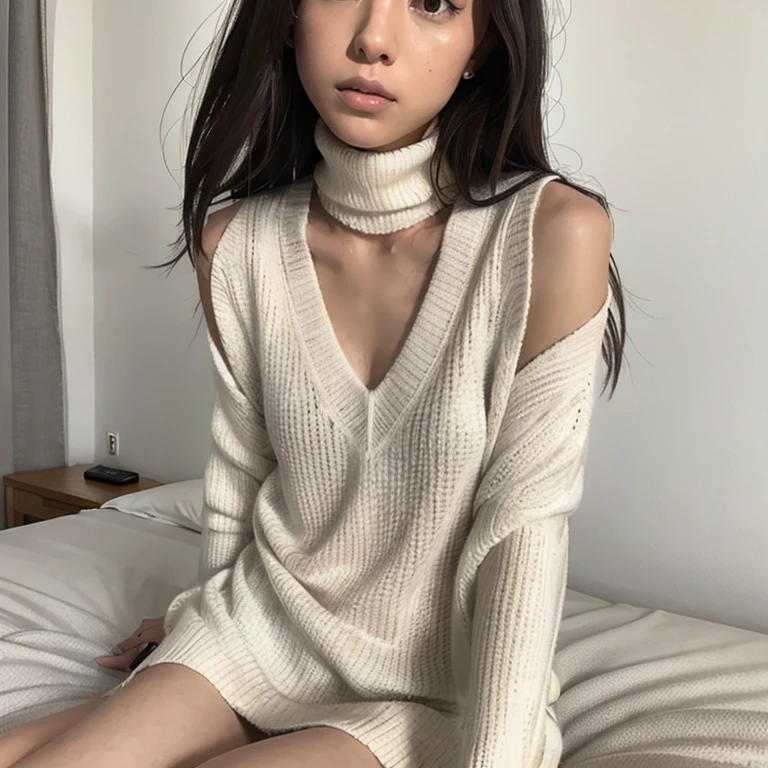 (8k、RAW Photos、Highest quality、masterpiece:1.2)、(Realistic、Realistic:1.37)、Very detailed、Ultra-high resolution,(((Only one girl、Japanese、Skinny athletic model、Flat Chest)))、Mature Woman、Wearing a white turtleneck sleeveless sweater、Wearing a mini skirt、The whole body is shown, including the thighs..、On the bed in the room at home、