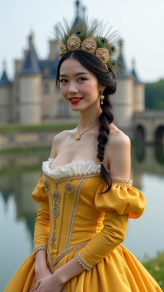 ((Photographed with the lakeside castle of Chambord in the background:1.3)), light makeup, red lips, beautiful hair, Black hair, (Medium Hair:1.3), elegant, soft lighting, Very fine details, masterworks, authentic texture, perfect work, (1 girl), (One Woman), 16k, high resolution, exquisite features, brown eyes, (Ultra-high resolution eye:1.1), Japanese idol, beautiful face, ((artists work)), (gentle smile like a goddess), attractive, well-shaped breasts, beautiful cleavage, shiny skin, smooth skin, BREAK, (Dark-yellow Marie Antoinette Costume Dress:1.3), BREAK, earrings, necklace, Peacock feather headdress, BREAK, Full body, Standing position, model pose, (lovely smile)