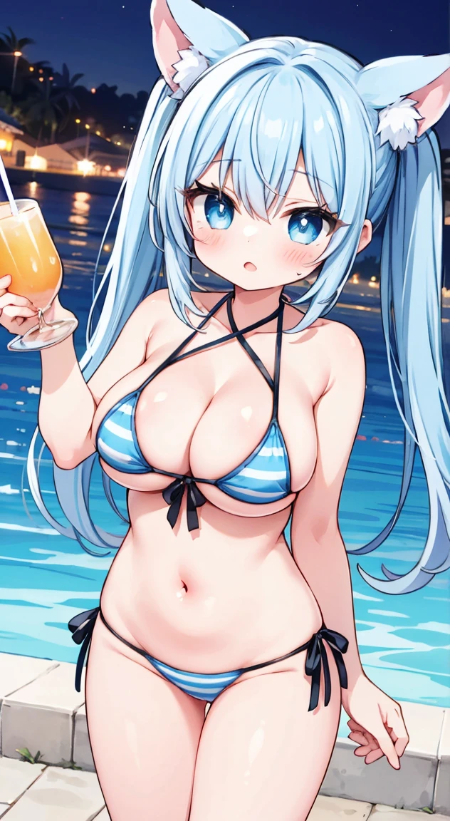 side tie microbikini bottom,,masterpiece, highest quality, (anime screencap:1.3),(shape), cute,(simple:1), (anime:1.2),Solo Sharp Focus, 1 girl, cleavage,looking at the viewer, nighttime pools,Are standing,,(NSFW:1.2),Colorful microbikini,pastel colour microbikini,beautiful hair,Horizontal stripes,heart shaped pupils,plaid pattern bikinitop, plaid pattern bikinibottom,(Holding a Tropicaljuice1.1),cute eyes,puffy eyes,seductive pose,Beaming face,large breasts,Twintail hair,heart shaped sunglasses on head,cheerful