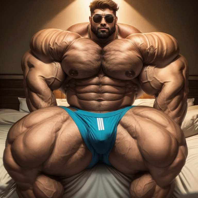 vpl, Bulge, hyper growth, hyper muscles, furry growth, a very handsome young man massively large, sunglasses, normal face of a very handsome young man, shirtless wearing red underwear, massively muscular, with massively large muscles, huge muscles, exaggeratedly huge muscles, with massively large biceps, with massively large arms, with massively large chest, with massively large shoulders, with massively large muscular body, massively large upper body, with a massively large bulge, huge bulge, exaggeratedly huge bulge, sitting on a bed leaning against the headboard of the bed