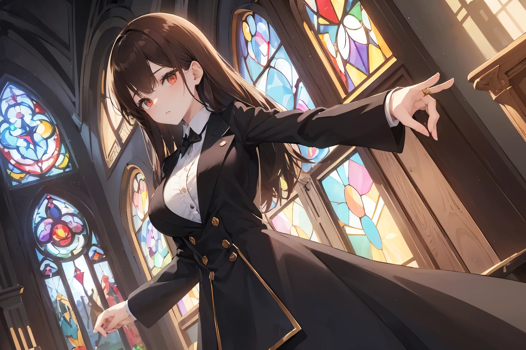 (((Best quality, 8k, Masterpiece: 1.3)), ((best quality)), ((masterpiece)), (detailed), perfect face, high resolution, Textured skin, anime style, Vintage jacket suit, Classic jacket, Woman with brown hair, long hair reaching down to her waist, She is wearing a red ruby ​​ring on her right ring finger, Turn away, Background (stained glass, church), Arms crossed, Put her chest close