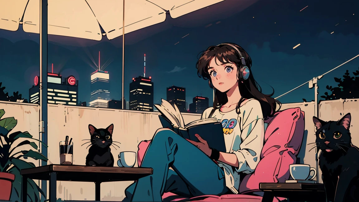 Highest quality, 8k, 1990s style,Hairstyles of the 2010s, 21 year old girl, Black Hair, Long Hair, Light brown eyes, City Pop, pants ,Night view, Wear headphones,Reading a book, whole body,  Relax Coffee,table,making,look at me, Black cat
