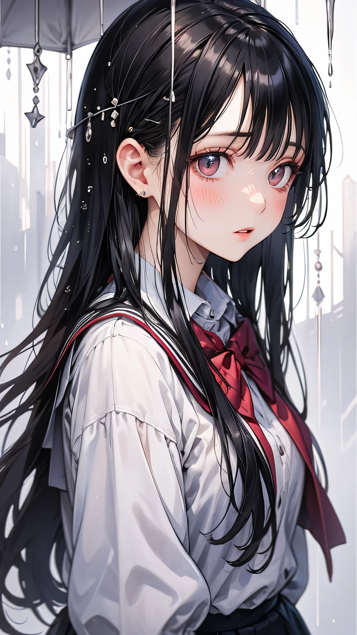One girl, Long black hair,Schoolgirl uniform, shy, blush, Wet, rain, transparent, (masterpiece, Highest quality), (Beautifully detailed face), (Beautiful attention to detail), Soft Light, Structure of the film, Cinematic Light