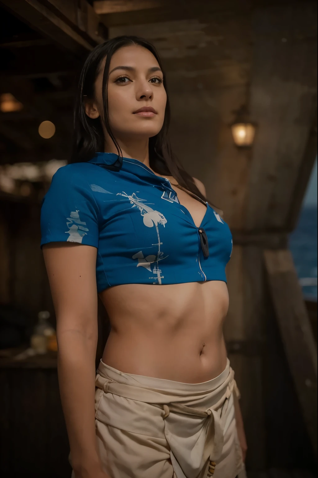 (Best quality, 8k, 32k, Masterpiece, UHD:1.2) "Transform the current setting into the iconic ship, the Going Merry, from 'One Piece.' The deck of the ship should be well-detailed, with its wooden planks, the figurehead shaped like a sheep at the bow, and the Straw Hat Pirates' jolly roger flag flying proudly at the mast. Nico Robin stands calmly on the deck, leaning against the railing, her posture relaxed as she gazes out at the open sea. The atmosphere should capture the sense of adventure and camaraderie that the Going Merry embodies. Include details like the crew’s personal touches—barrels, ropes, and perhaps a few of the crew’s belongings tered around—to make the scene feel lived-in. The ocean around the ship should be vast and inviting, with gentle waves and a bright, clear sky overhead."