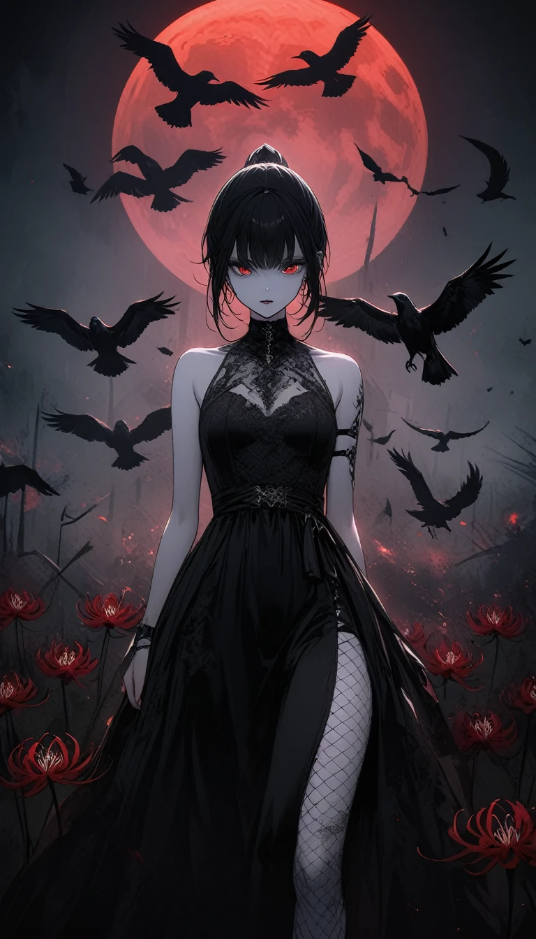 (Dark and scary atmosphere,Gothic Fashion,Dark colors),(Highest quality,Super exquisite item),Very sexy vampire girl,A large number of red spider lilies in full bloom on a red full moon night,Beautiful and delicate eyes,Beautiful black straight ponytail,Crow's feathers,Pale skin,Fishnet tights,A black and white lace dress with a small amount of fabric,The moonlight illuminates her silhouette,A fantastic background created by darkness and moonlight,She is a tall girl who looks like an adult.,A crow is flying,Crow's feathersが舞う,Are standing,Deep foggy forest behind,(Courtesy),((The shadows of several hanged bodies in the forest behind)),A flock of crows swarming around a corpse,