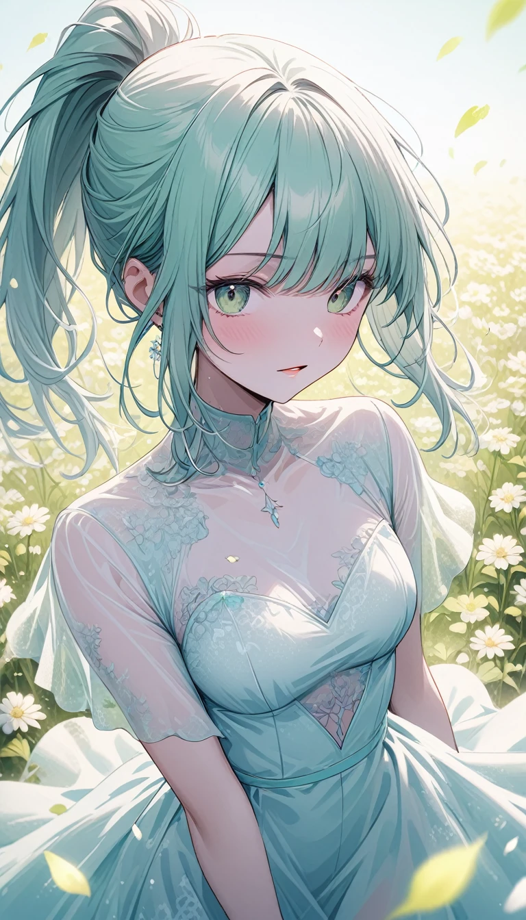 (Bright and fantastic atmosphere,See-through fashion,Calm colors),Very charming fairy girl,Beautiful pastel colored straight ponytail,Sexy expression,Healthy Skin,Light green and light blue lace dress,A beautiful flower field with falling petals