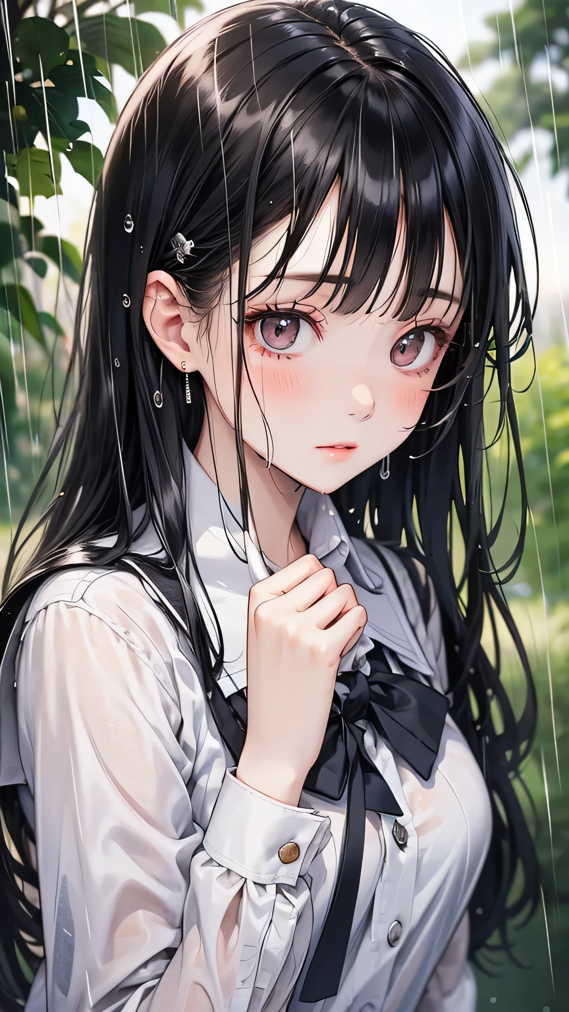One girl, Long black hair,Schoolgirl uniform, shy, blush, Wet, rain, transparent, (masterpiece, Highest quality), (Beautifully detailed face), (Beautiful attention to detail), Soft Light, Structure of the film, Cinematic Light
