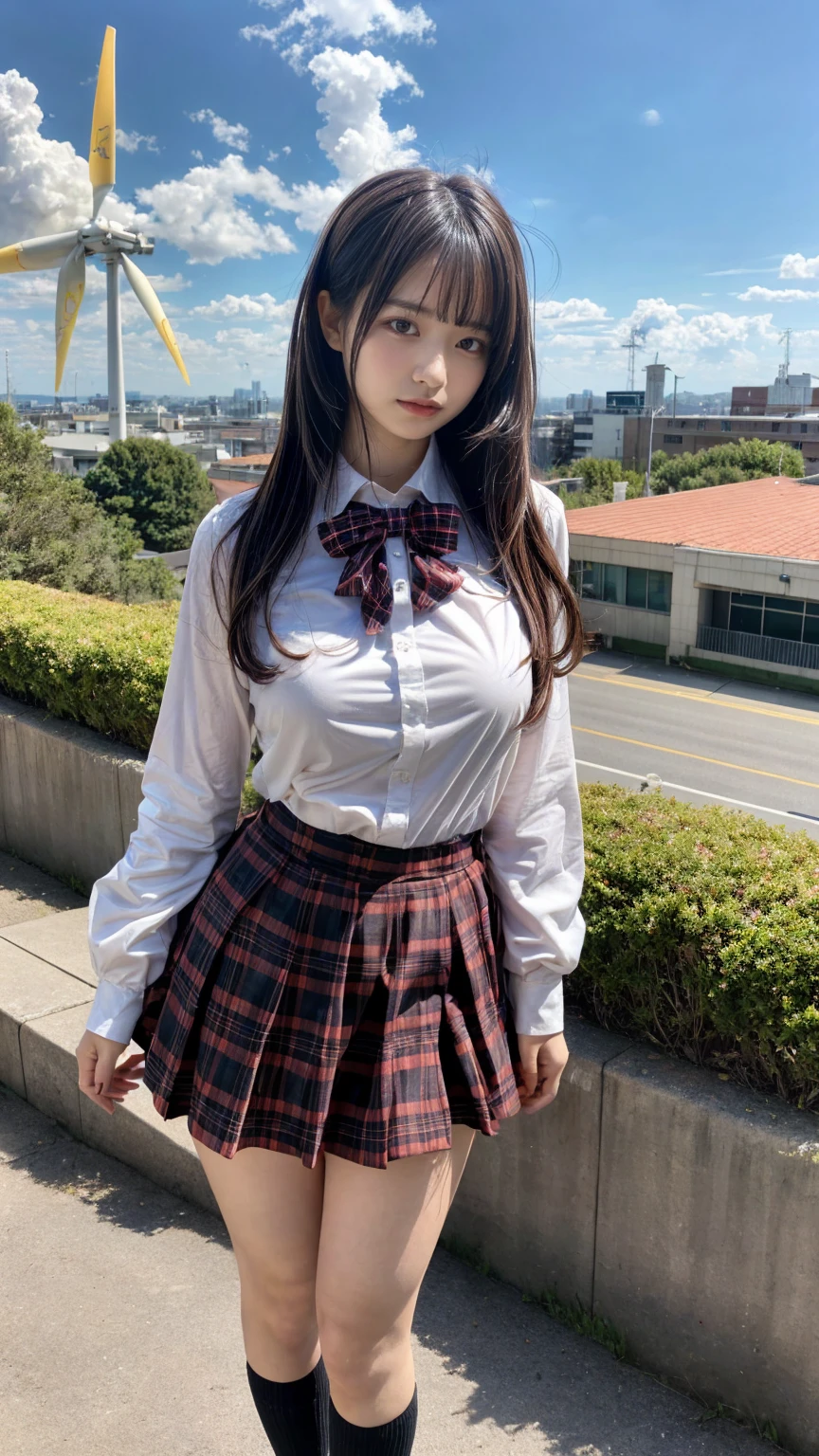 1 giantess standing above the city,Graceful figure,1 girl, from_below,big deal_breast, long_sleeve, outdoor, , shooting, Plaid, Plaid_skirt, strength_Lines, School_, skirt, Sky, alone, underwear, upskirt, Utilities_No, wind_turbine,realistic art,(emphasize),Look up at camera,a giantess, crying a little、 Harajuku style、20 year old girl、cute type、lolita、beautiful legs,
