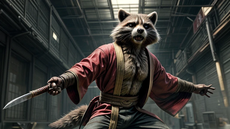 mcu, rocket raccoon, raccoon, male, skinny, buldge, detailed fur, red kimono, japan, exquisite katana  long, gloomy light, Pensive expression, action pose, full body, film photography, realistic, masterpiece, best quality, ultra realistic, 8k