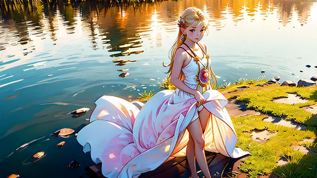 1 girl, serene expression, mesmerizing eyes, long straight hair, flowing dress, poised posture, Porcelain Skin, blush sutil, BREAK golden hour crystal pendant, (rim lighting):1.2, warm hues, sun glare, softshadows, swirly vibrant colors, pictorial effect, dreamy atmosphere BREAK panoramic lake, distant mountains, willow tree, calm waters, reflection, sunlit clouds, tranquil atmosphere, idyllic sunset, ultra detaild, offcial art, unity wallpaper 8k
, Zentangle, mandala