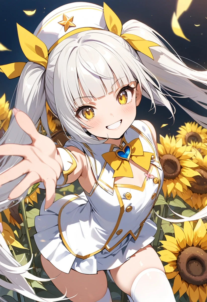 high quality, detailed, 1girl, magical girl, army costume, 15 years old, small chest, white clothes, white beret, white thighhigh, blunt bangs, white hair, long hair, twintail, yellow ribbon, grin, yellow eyes, sunflower