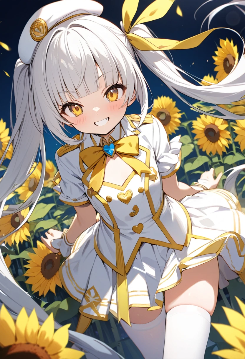 high quality, detailed, 1girl, magical girl, army costume, , small chest, white clothes, white beret, white thighhigh, blunt bangs, white hair, long hair, twintail, yellow ribbon, grin, yellow eyes, sunflower