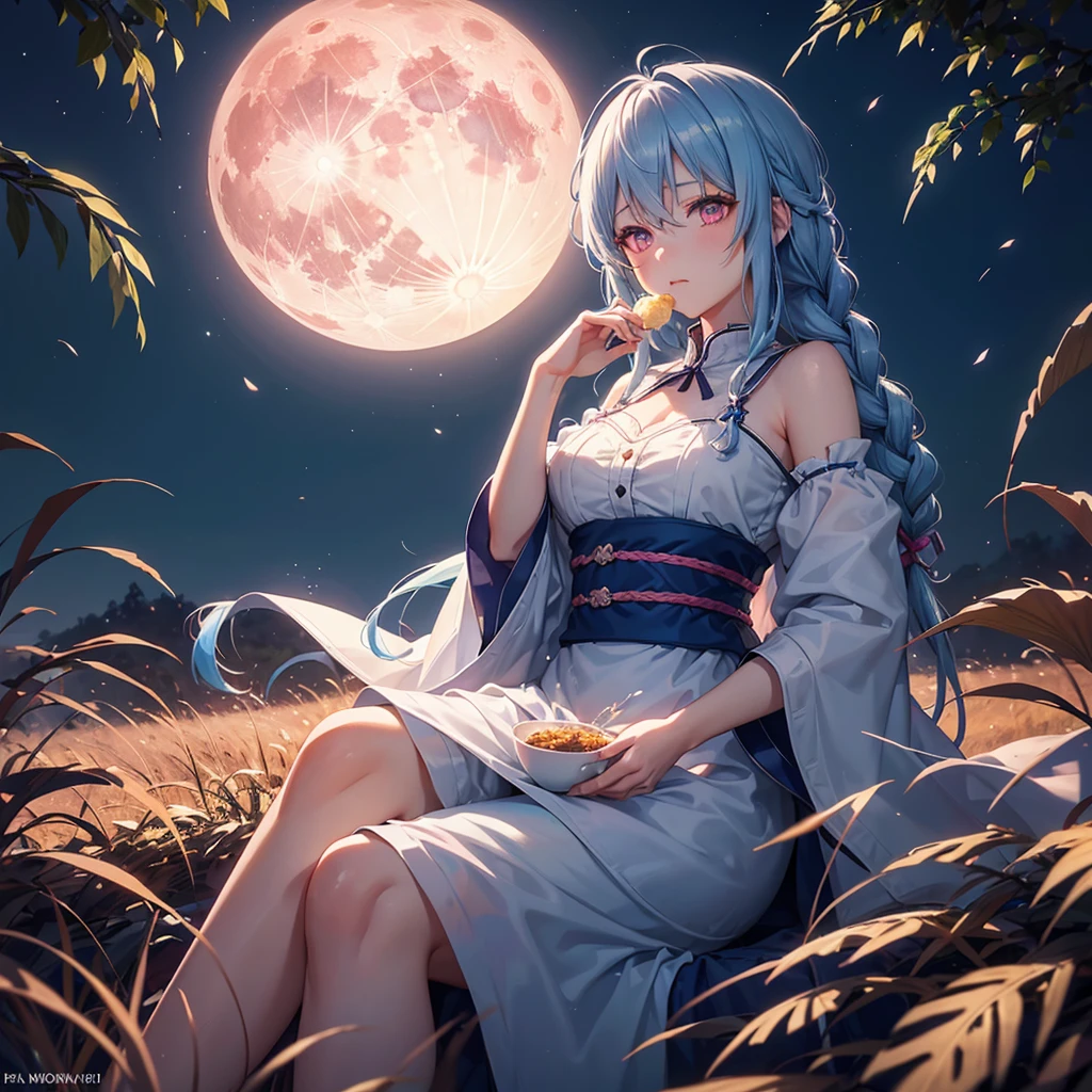 Sky blue hair, (Braided medium hair), (Pink eyes),Fair skin) ,(whole body),(One Girl),Ahegao,(harvest moon),(A large amount of Miscanthus sinensis in the background),(full moon),(masterpiece, Highest quality, Very detailed, Best Shadow), (Detailed Background), (Beautifully detailed face), High Contrast, (Best lighting, Very delicate and beautiful), ((Cinematic Light)), Hyper Detail,8k, Dramatic Light, Intricate details,Sitting and eating rice dumplings