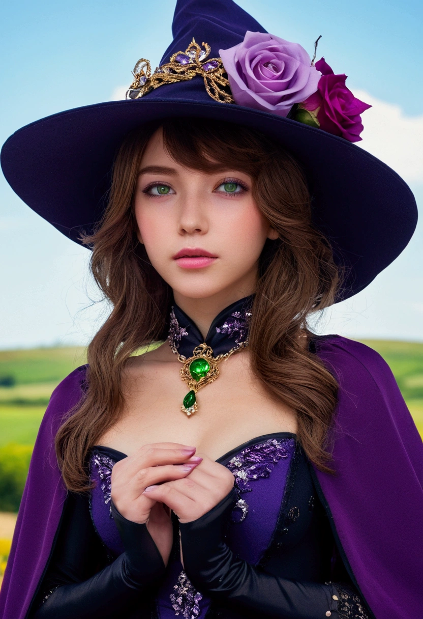 a beautiful girl, perfect face, arms at sides, masterpiece, ultra high res, high quality, 4k, upper body:1.5, lisa (genshin impact), urple witch hat, green eyes, brown hair, (PureErosFace_V1:0.008), (european:1.6), bangs, dress, rose, jewelry, witch, capelet, purple headwear, black gloves, purple flower, hair between eyes, purple rose, parted lips, purple capelet, hat flower, multicolored dress, hair ornament, windmill, from side,