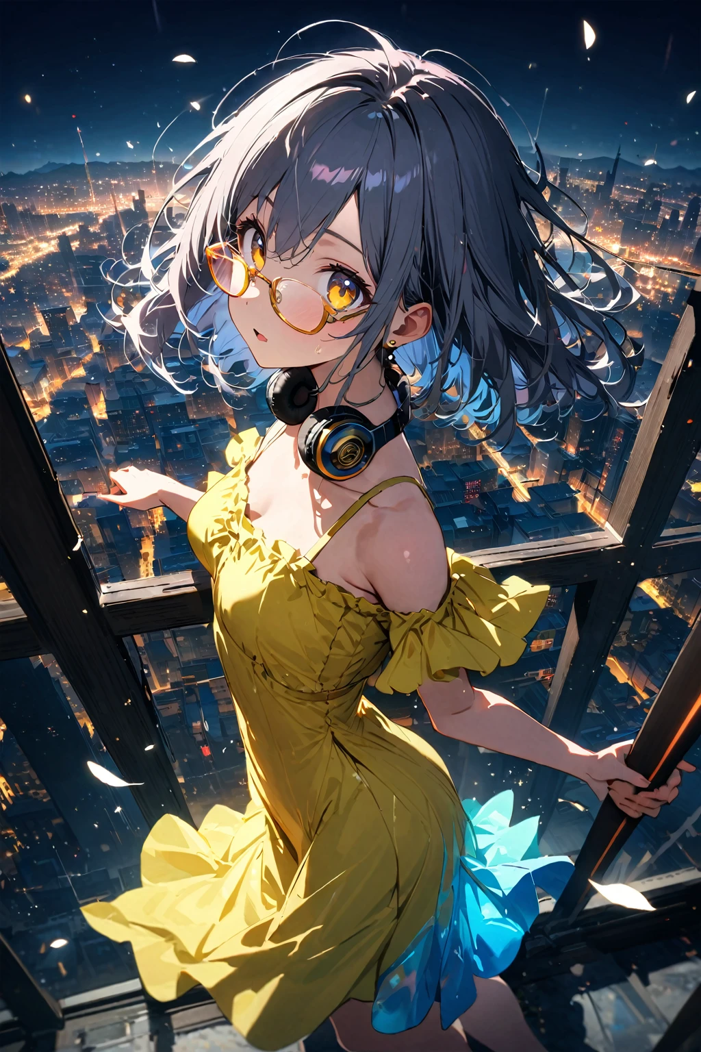 up-and-coming works of art, best quality, super fine, 16k, incredibly absurdres, extremely detailed, beautiful ephemeral girl stands in the city,(((semi-rimless yellow eyewear:1.3))), (headphone around neck:1.2), bedroom eyes, wet short hair, messy hair, sparkling dress, sparkling earrings, wind, wind-effect, moonlit night view, (magnificent view:1.2), clockmetal, falling iridescent petals