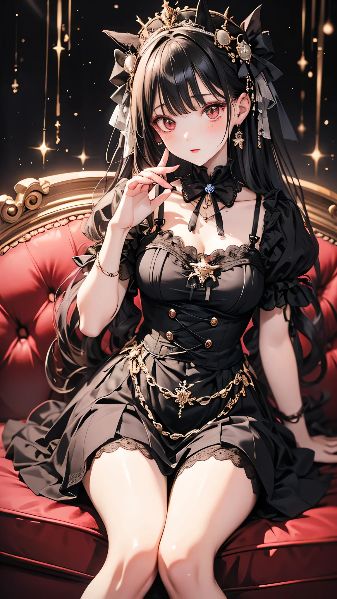 Baroque, Gothic Lolita, cute, One girl, alone, whole body, Black sofa, Black Dress, Absurd, White lace, High resolution, Super detailed, Most detailed, Red lips
