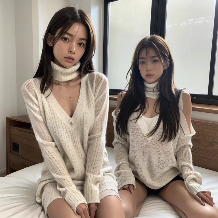 (8k、RAW Photos、Highest quality、masterpiece:1.2)、(Realistic、Realistic:1.37)、Very detailed、Ultra-high resolution,(((Only one girl、Japanese、Skinny athletic model、Flat Chest)))、40 years old、Wearing a white turtleneck sleeveless sweater、Wearing a mini skirt、The whole body is shown, including the thighs..、On the bed in the room at home、