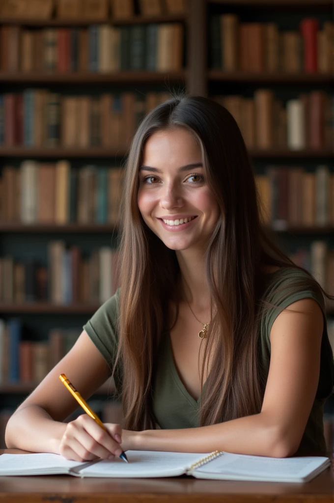 High quality, high resolution, best composition, One French woman, historic library, sitting at table, looking straight ahead, smiling, young beautiful woman, student, studying, long hair, straight hair, very detailed eyes, very detailed eyebrows, very detailed skin, very detailed mouth, highly detailed nose, fine hair, detailed and realistic skin texture. very detailed nose, fine hair, detailed and realistic skin texture.