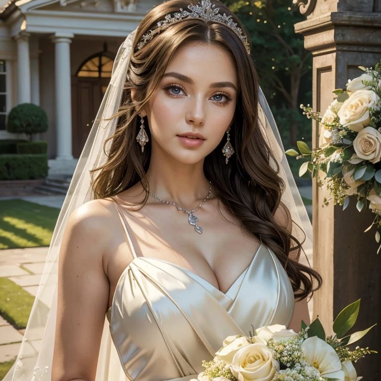 (​masterpiece, best quality:1.5), highest quality, High resolution, super detailed, Realists, Upper body photo of a brunette 50 year old woman, detailed and beautiful eyes, beautiful detailed lips, very detailed eyes and face, longeyelashes, Bridesmaid in mother of the bride dress made of shiny satin fabric, Beautiful and colorful makeup, elegant and noble々Pose,shiny satin headband, grind, Holding flowers, Gardens as background, soft daylight, bright colors, fine brushstrokes, Portrait style, Noble details in the dress fabric, beautiful color palette, glowing skin, First-class rendering, that captures every detail, enchanting atmosphere, subtle shadows and lights, (perfect anatomy:1.2), (The stunning mother of the bride stands next to a young bridesmaid, (magnificent panorama view:1.2)