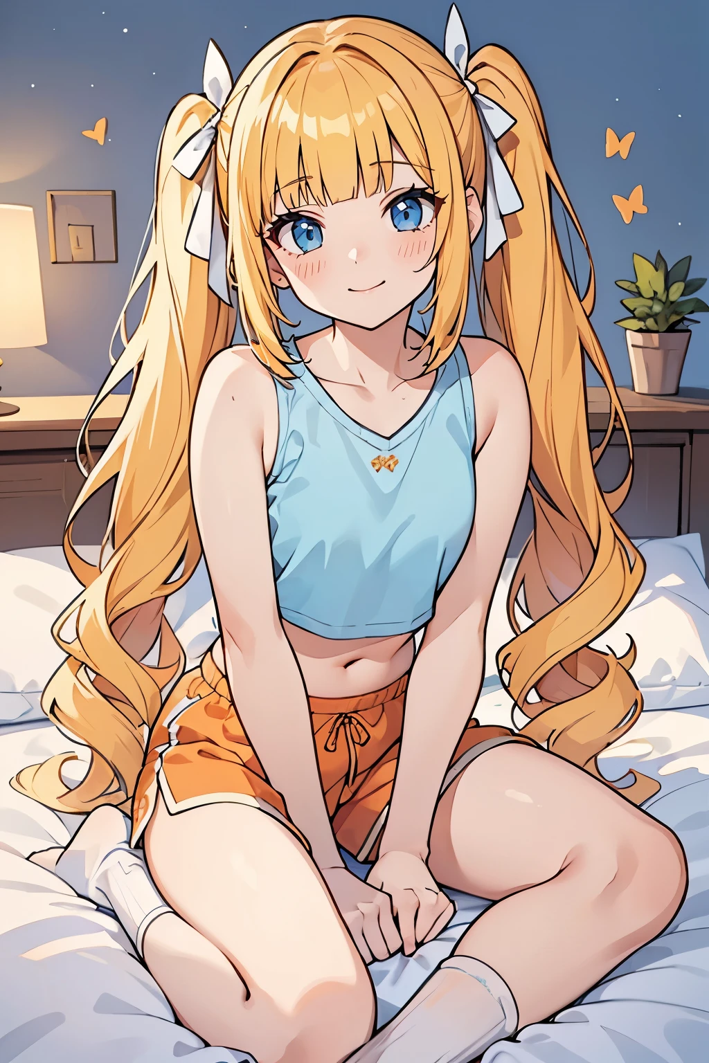 masterpiece, solo girl, (young female body:1.4), (small breasts), cowboy shot, flustered, yellow golden hair, extra gold long hair, thick wavy hair, hime cut, blunt bangs, crystal blue eyes, light blue detailed eyes, bedroom background, orange and white pyjamas, socks, white pyjama pants, short sleeping shorts, light orange tank top, short oversized orange top, crop top, short sleeves, wavy curly voluminous twintails, huge twin tails, voluminous curly hair, butterfly sitting, crossed legs, white ribbon, tilted head