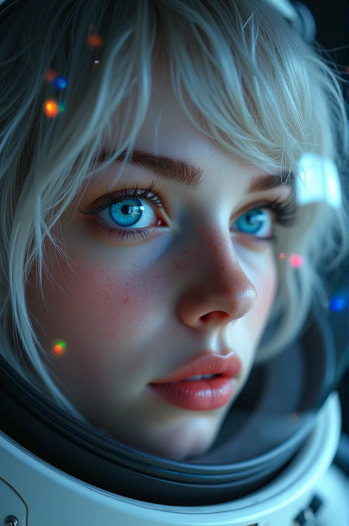 (Close-up of a better masterpiece:1.5)0.9], (Space and astronauts:1.2) (Messy silver hair:1.1) (Heterochromia xanthochromia and blue eyes:1.2) (Space Helmet:1.0) (Colored stars in the eyes:1.0) (A radiant glow:1.1) (thick lips:0.9)