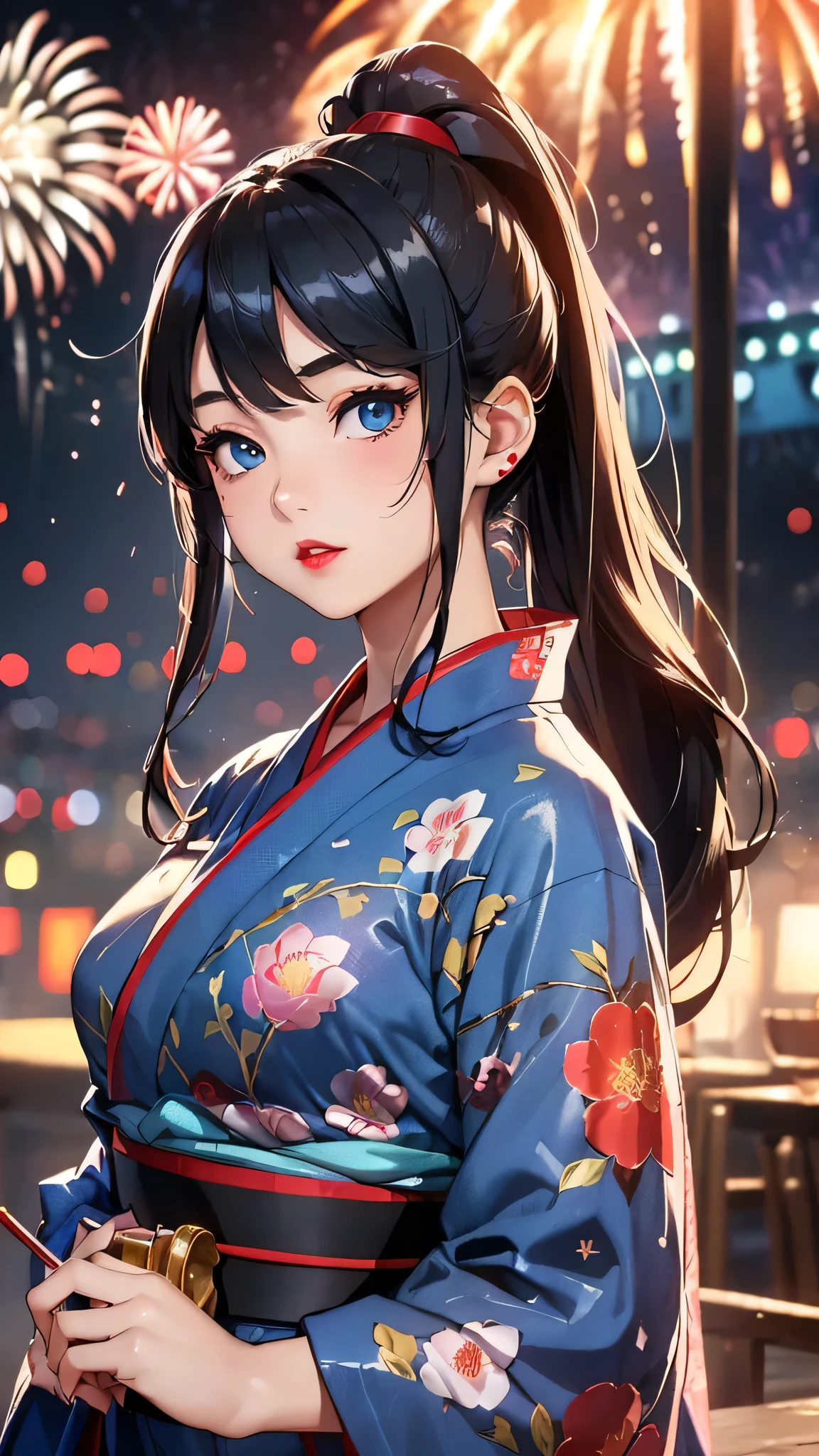 最high quality、Best image quality、masterpiece、With a girl((cute、16 years old、Best Bust、Medium Bust、Beautiful Blue Eyes、Spread your chest wide,Black Hair、ponytail、Disheveled Hair、thin、Highest Valley、Red yukata、Red lipstick、Red eyeliner、Cool impression)）high quality、Beautiful art、background((night、festival、stall、Fireworks)),Tabletop、Exquisite design、Visual Arts、Written boundary depth、Best lighting、Highest detail、8ｋ