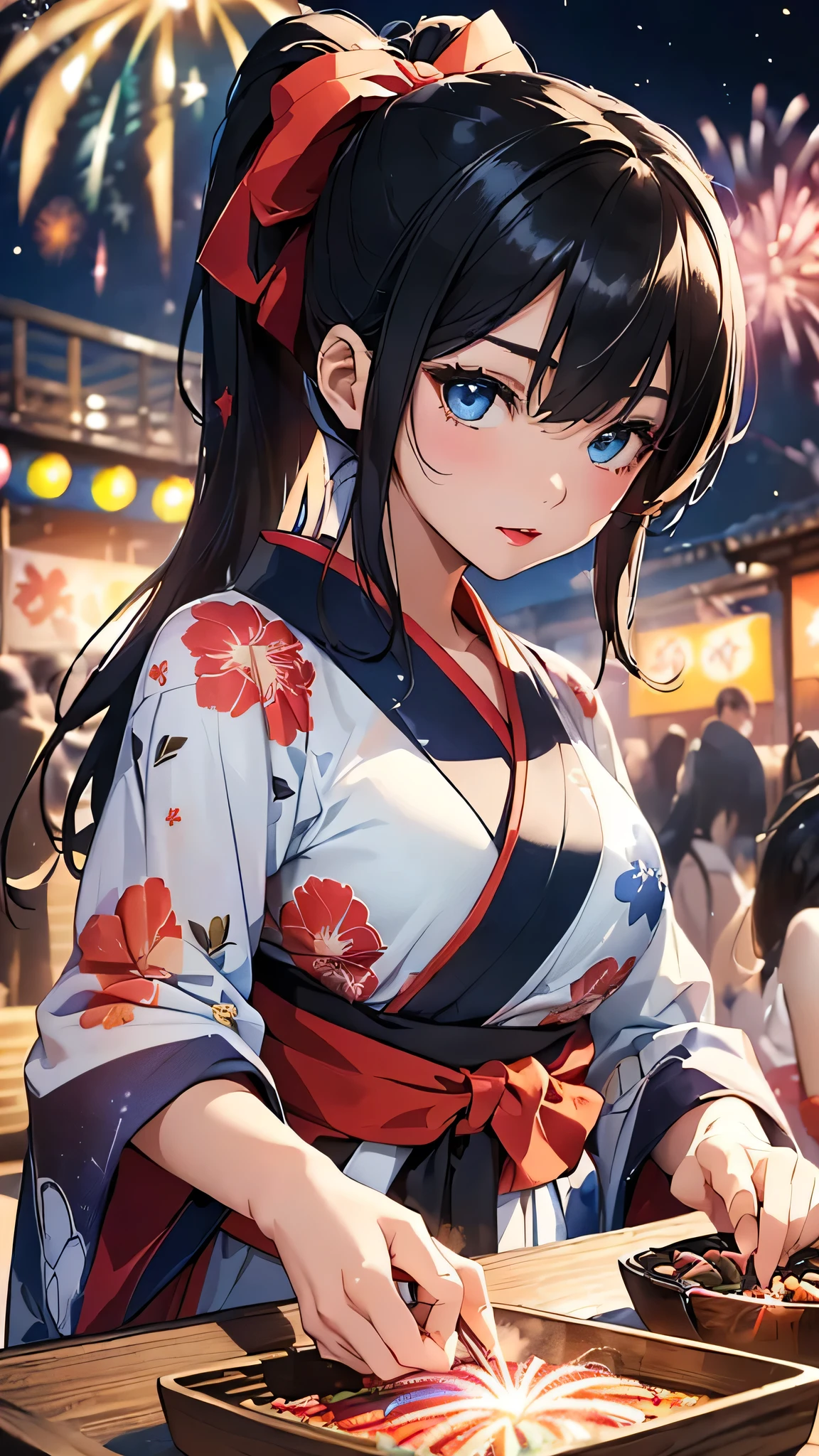 最high quality、Best image quality、masterpiece、With a girl((cute、16 years old、Best Bust、Medium Bust、Beautiful Blue Eyes、Spread your chest wide,Black Hair、ponytail、Disheveled Hair、thin、Highest Valley、Red yukata、Red lipstick、Red eyeliner、Cool impression)）high quality、Beautiful art、background((night、festival、stall、Fireworks)),Tabletop、Exquisite design、Visual Arts、Written boundary depth、Best lighting、Highest detail、8ｋ